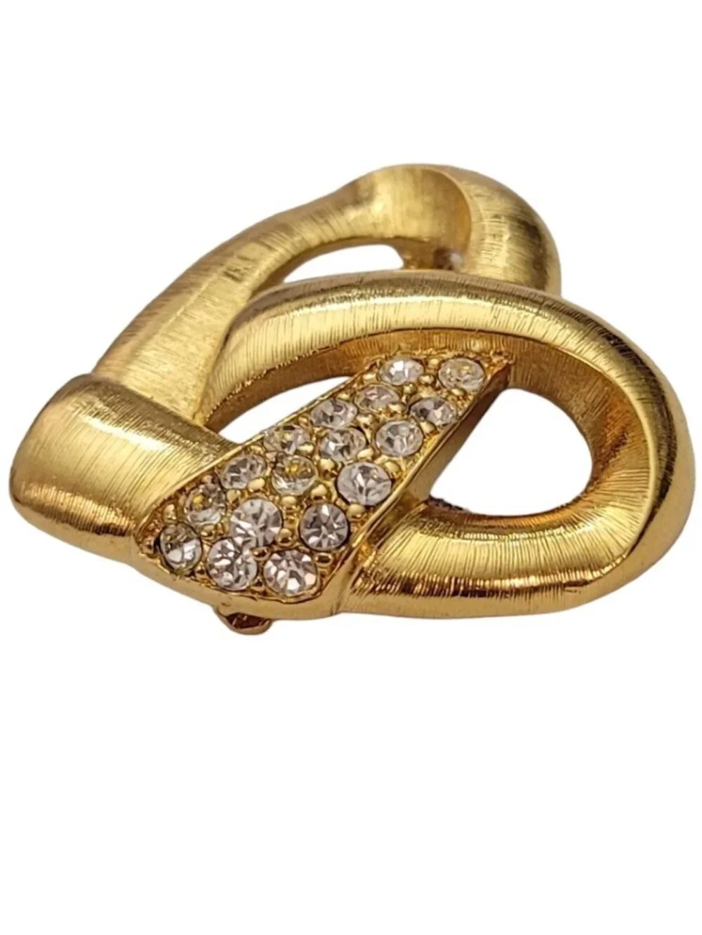 Monet Brushed Gold Tone Clear Rhinestone Vintage Open Heart Brooch, Signed E263